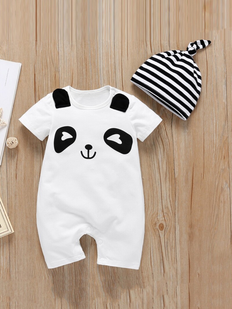 Baby Cartoon panda Print Popper Jumpsuit With Hat