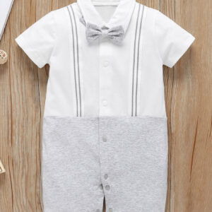 Baby Striped Tape Bow Popper Front Jumpsuit
