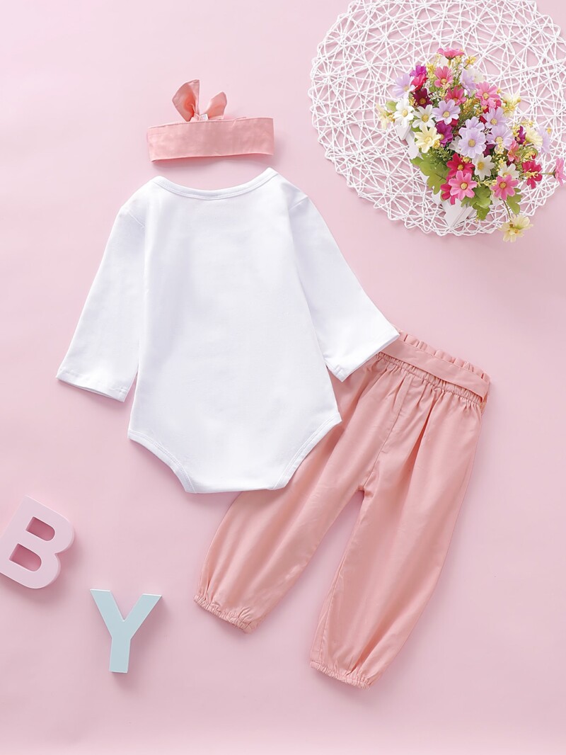 Baby Girl Letter Print Romper With Belted Pants