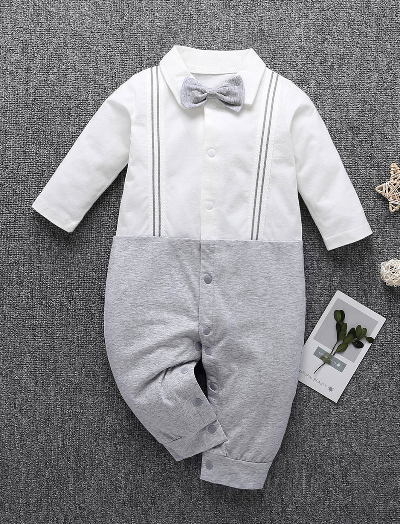 Baby Cut And Sew Panel Bow Tie Button Jumpsuit