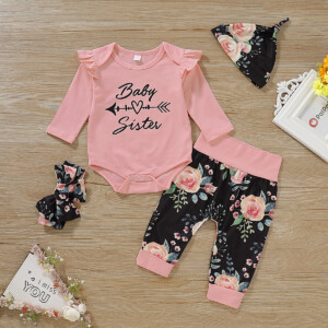 4-Pieces Letter Print Ruffled Bodysuit and Floral Pants, Hat, Headband for Baby Girl  - Pink