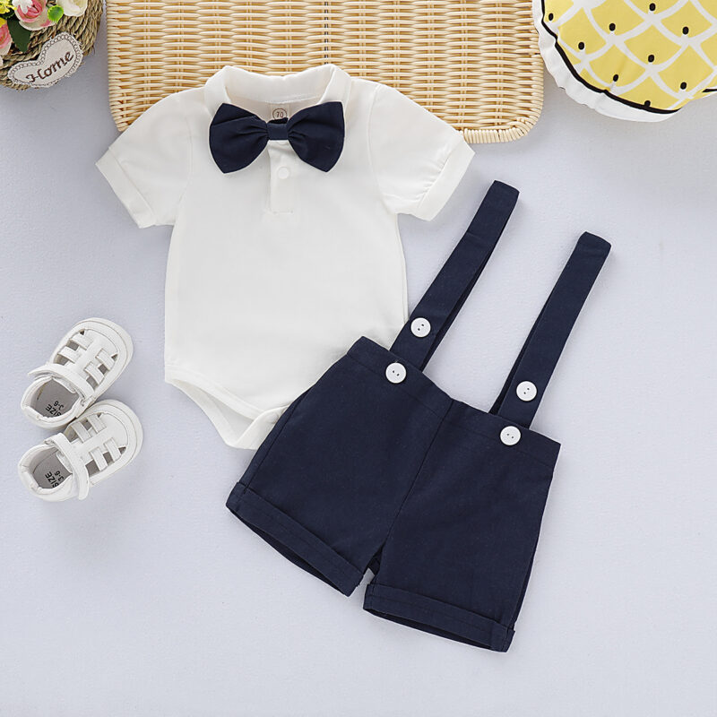 Handsome Solid Bow Tie Bodysuit and Suspender Shorts Set - Navy