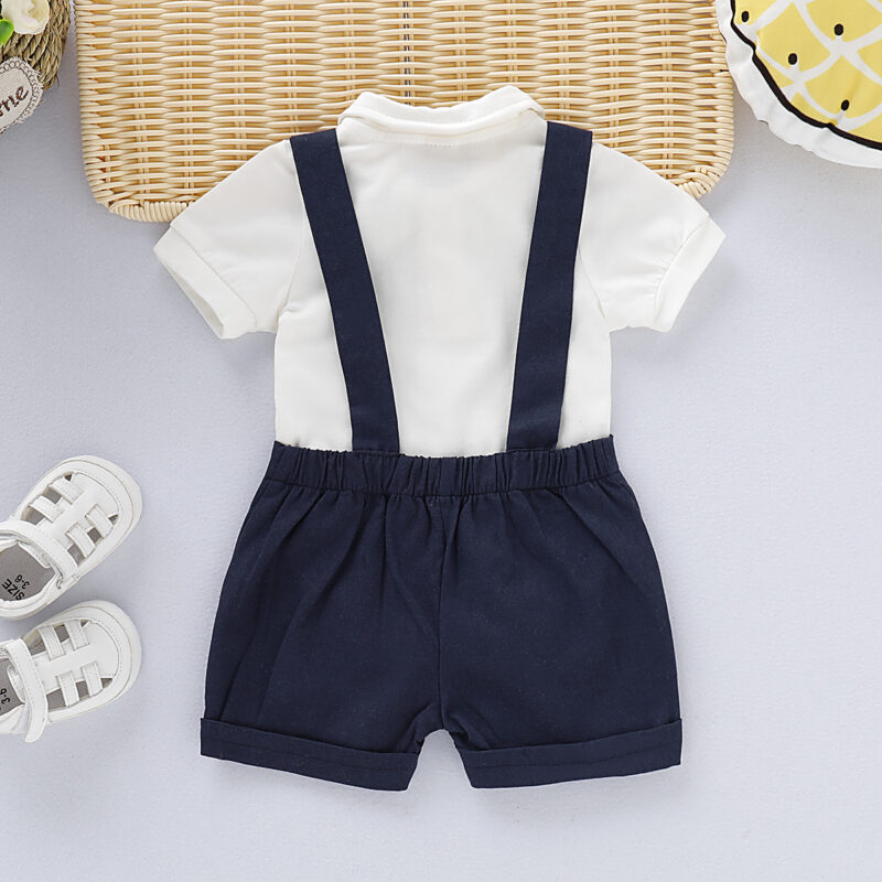 Handsome Solid Bow Tie Bodysuit and Suspender Shorts Set - Navy