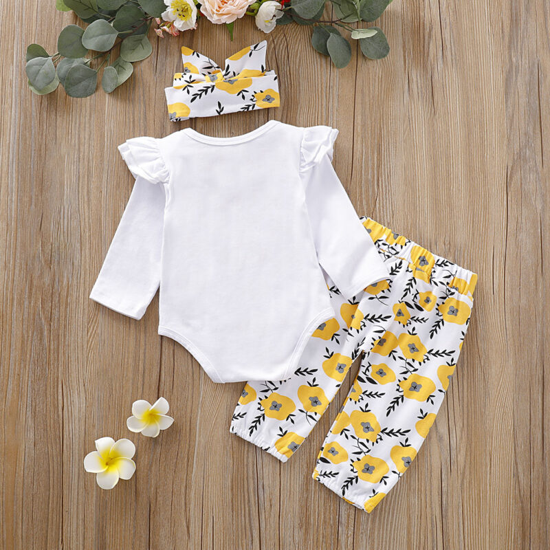 3-Pieces Baby Girl LITTLE MISS SASSY PANTS Print Bodysuit and Floral Belted Pants with Headband Set  - White