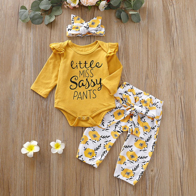 3-Pieces Baby Girl LITTLE MISS SASSY PANTS Print Bodysuit and Floral Belted Pants with Headband Set  - Yellow