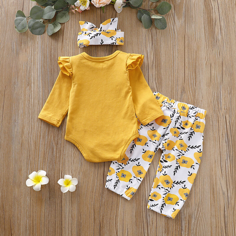 3-Pieces Baby Girl LITTLE MISS SASSY PANTS Print Bodysuit and Floral Belted Pants with Headband Set  - Yellow