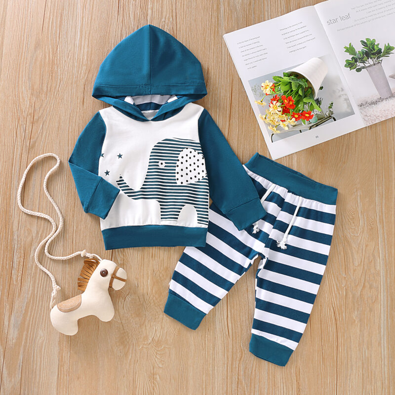 Baby Girl Striped Elephant Hoodie and Pants Set - Dark Blue/white