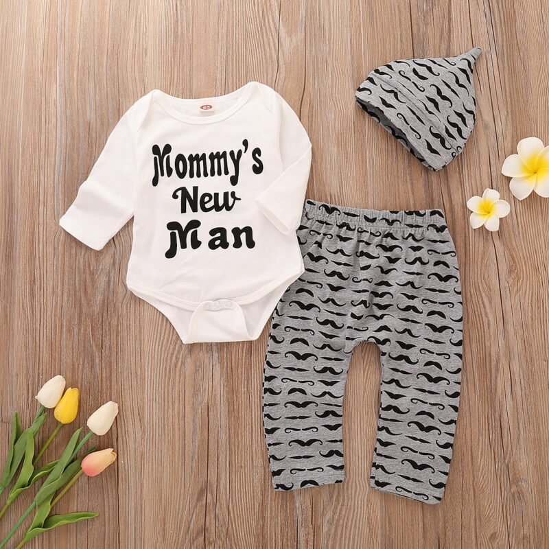 3-piece Baby Boy MOMMY'S NEW MAN Print Bodysuit and Moustache Pants with Hat Set  - White