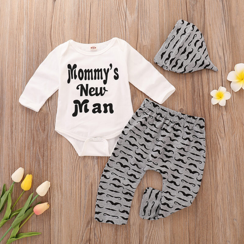 3-piece Baby Boy MOMMY'S NEW MAN Print Bodysuit and Moustache Pants with Hat Set - White
