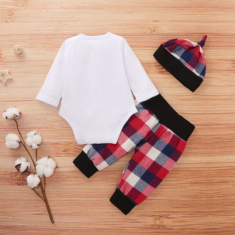 3-piece Baby Boy LITTLE MAN Bodysuit and Plaid Pants with Hat Set  - White
