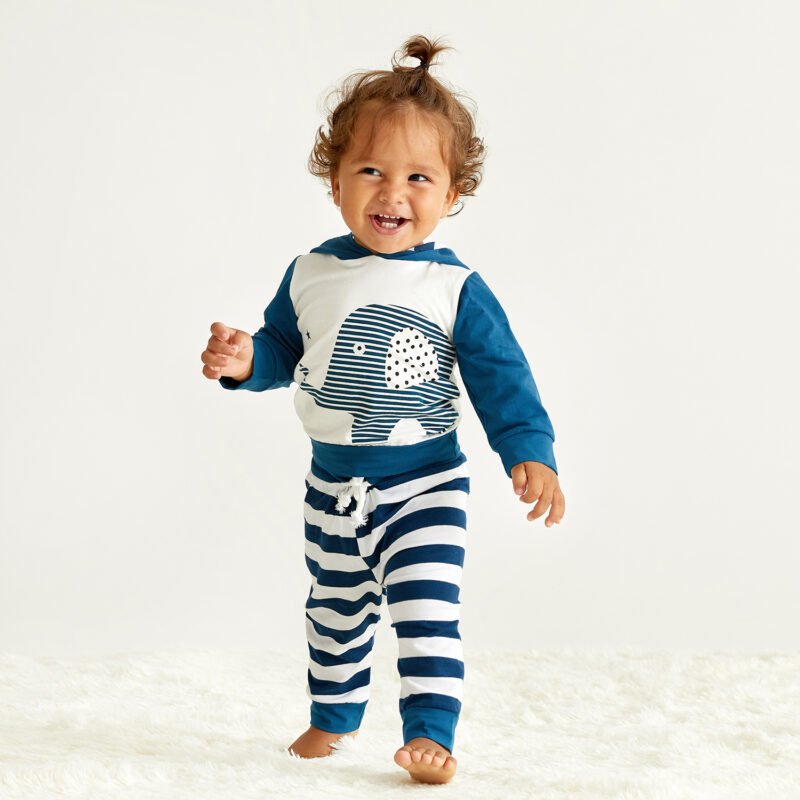 Baby Girl Striped Elephant Hoodie and Pants Set  - Dark Blue/white