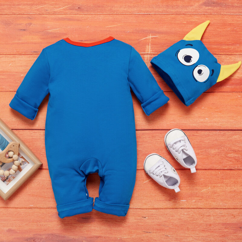 Baby Boy / Girl Halloween Cute Monster Print 3D Ears Design Long-sleeve Jumpsuit and Hat - Blue