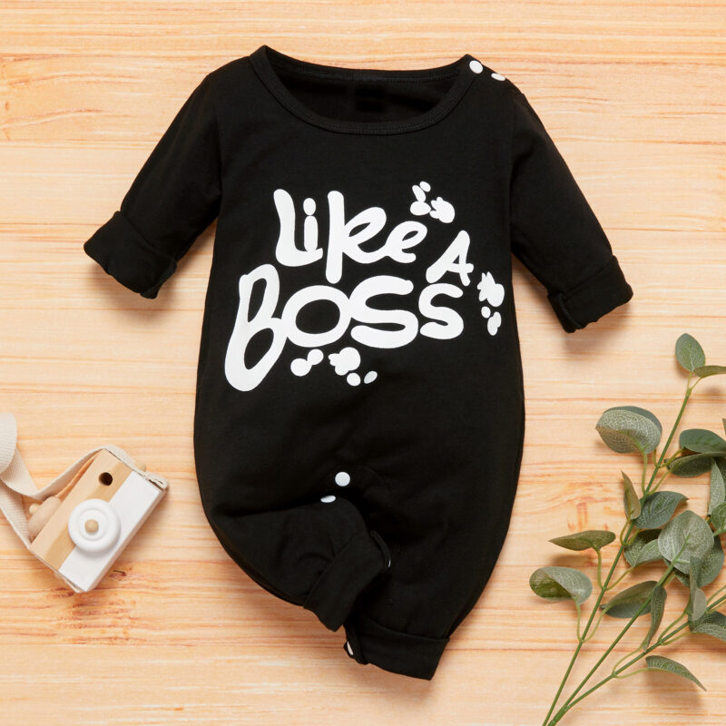 Baby Boy Like a Boss Letter Print Long-sleeve Jumpsuit - Black