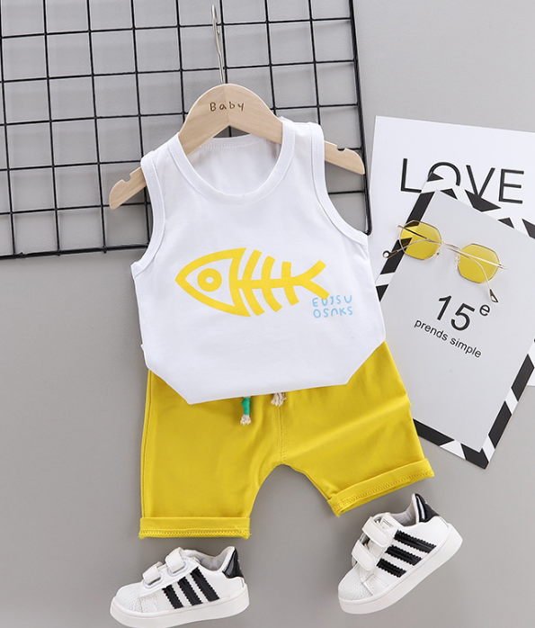Summer new Children Cotton Cartoon fish bone pattern two-Pieces vest + shorts (yellow)