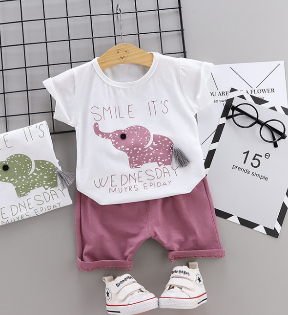 Children T-shirt Short Sleeves Cotton elephant print baby suit (pink)