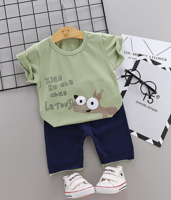 Toddler Boy Cotton Summer Short Sleeve T-shirt and Shorts Outfits Cartoon little donkey pattern (green)