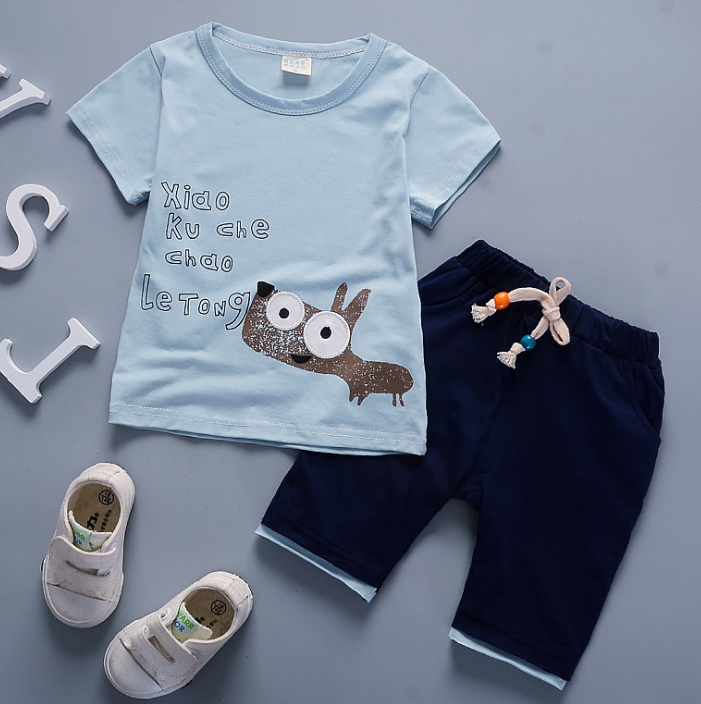 Toddler Boy Cotton Summer Short Sleeve T-shirt and Shorts Outfits Cartoon little donkey pattern (blue)
