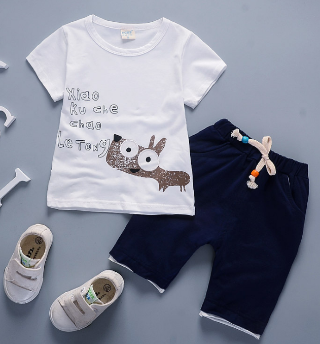 Toddler Boy Cotton Summer Short Sleeve T-shirt and Shorts Outfits Cartoon little donkey pattern (white)