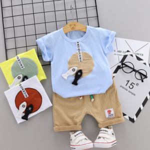 Toddler Boy Cotton Summer Short Sleeve T-shirt and Shorts Outfits Cartoon fish & disc pattern (blue)