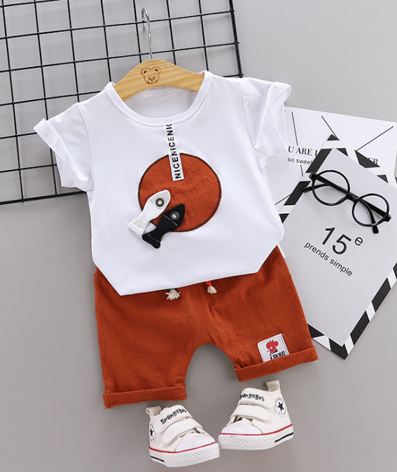 Toddler Boy Cotton Summer Short Sleeve T-shirt and Shorts Outfits Cartoon fish & disc pattern (white)