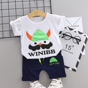 Toddler Boy Cotton Summer Short Sleeve T-shirt and Shorts Outfits Cartoon Bearded soldier pattern (white)