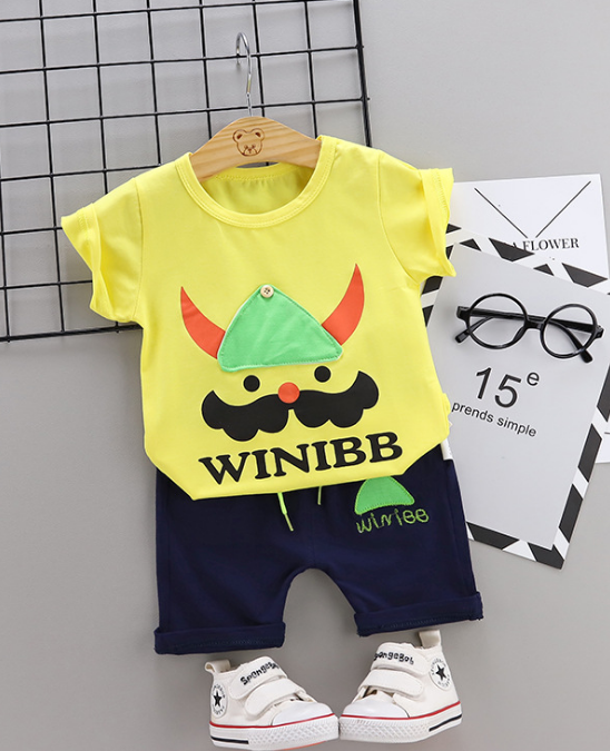 Toddler Boy Cotton Summer Short Sleeve T-shirt and Shorts Outfits Cartoon Bearded soldier pattern (yellow)