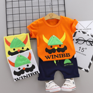 Toddler Boy Cotton Summer Short Sleeve T-shirt and Shorts Outfits Cartoon Bearded soldier pattern (orange)