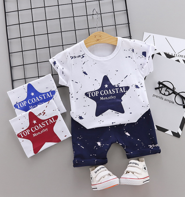 New Summer Cotton short sleeve T-shirt & pants color star pattern (Navy)