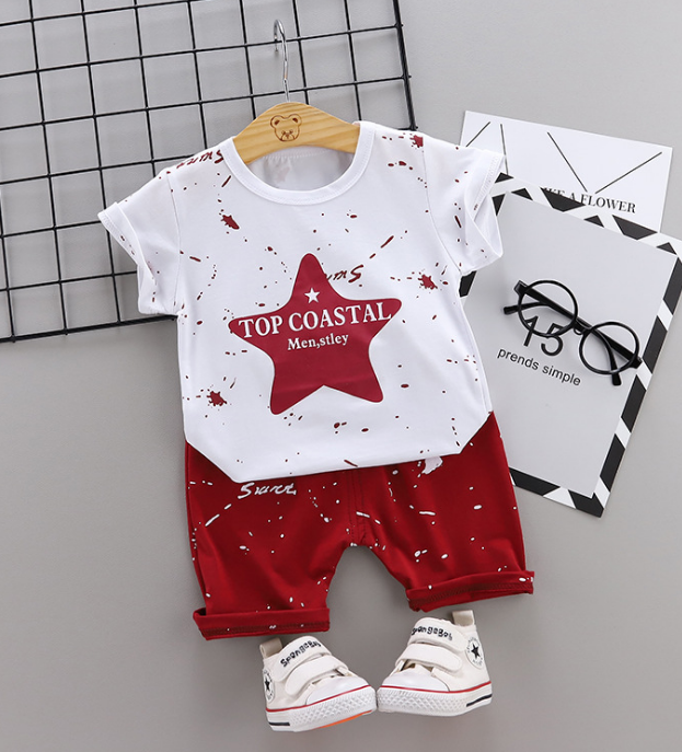 New Summer Cotton short sleeve T-shirt & pants color star pattern (red)