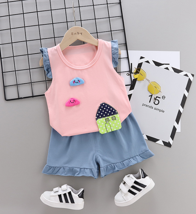 Summer new Children Cotton Cartoon Small house pattern two-Pieces vest + shorts (pink)