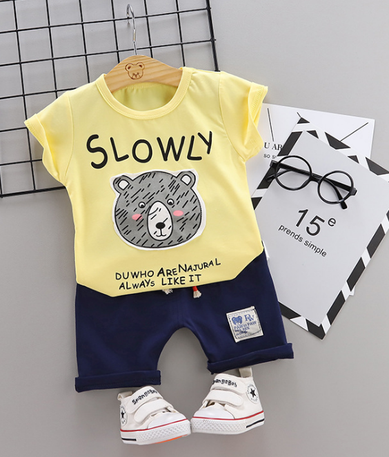 2020 Summer new Children Cotton Cartoon Grizzly bear pattern two-Pieces t-shirt + shorts (yellow)