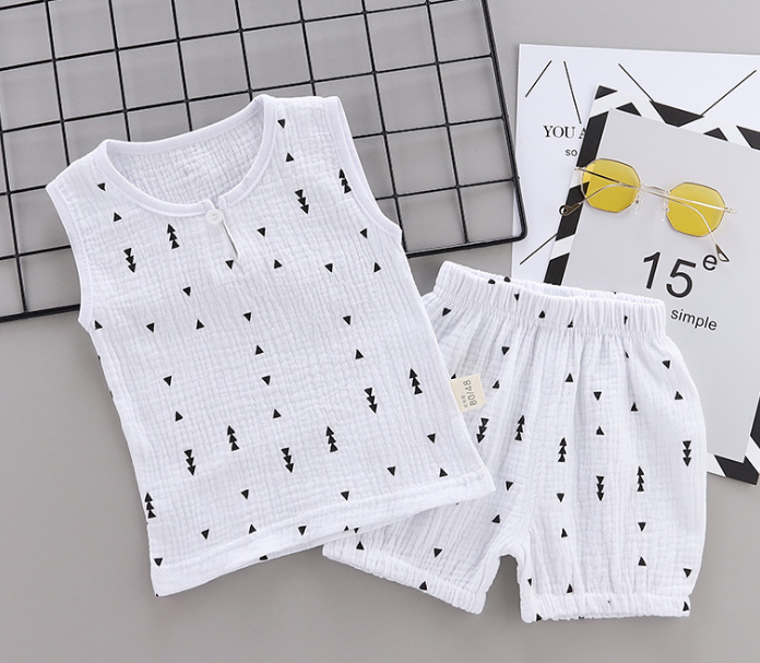 Summer new Children Cotton and linen two-Pieces vest + shorts simple design style arrow elements (white)