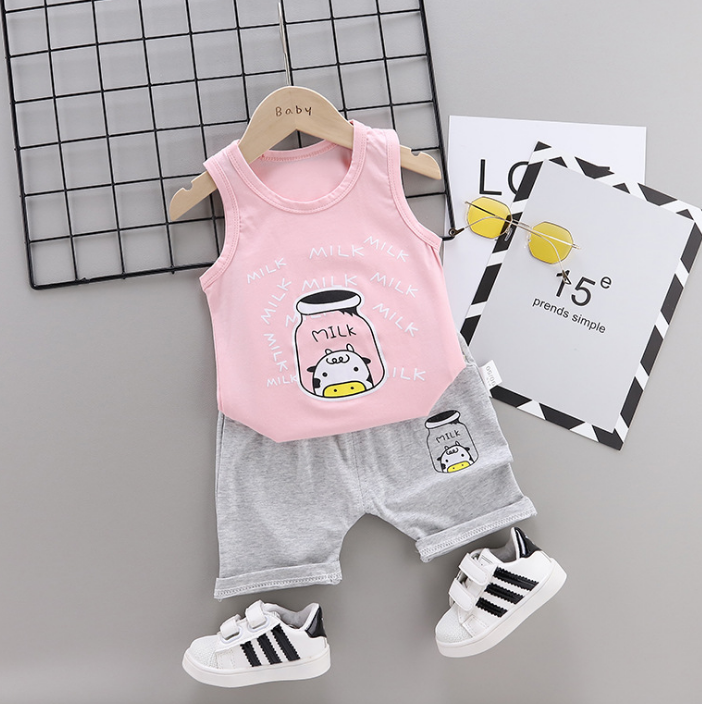 Summer new Children Cotton and linen two-Pieces vest + shorts Cartoon spider web pattern (pink)