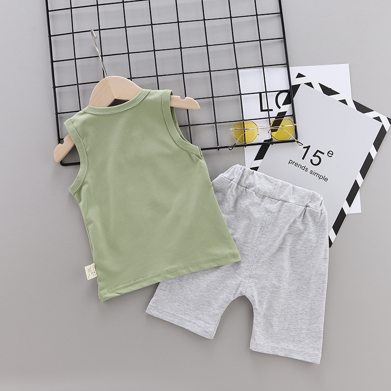 Summer new Children Cotton and linen two-Pieces vest + shorts Cartoon spider web pattern (green)