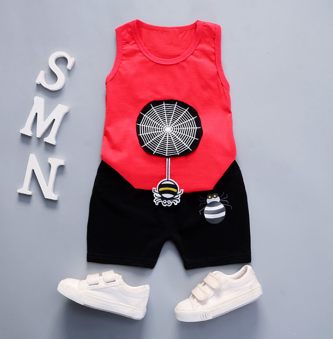 Summer new Children Cotton and linen two-Pieces vest + shorts  Cartoon spider web pattern (red)