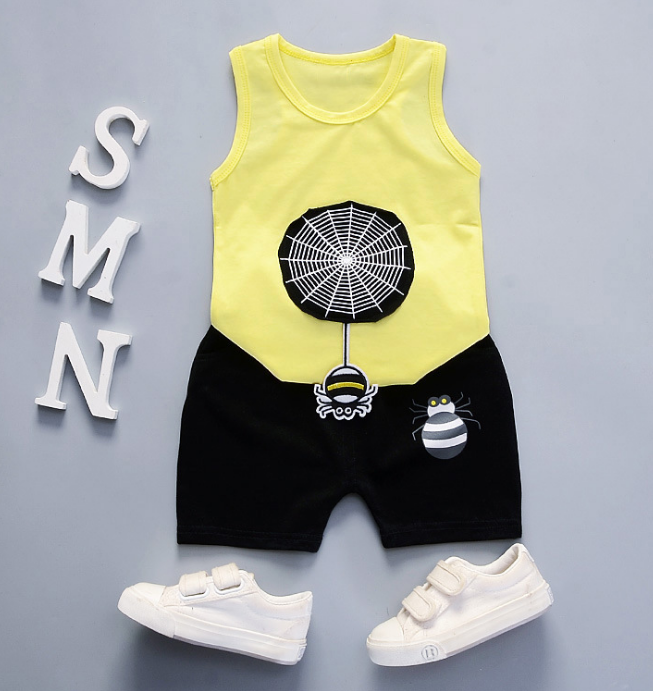 Summer new Children Cotton and linen two-Pieces vest + shorts  Cartoon spider web pattern (yellow)