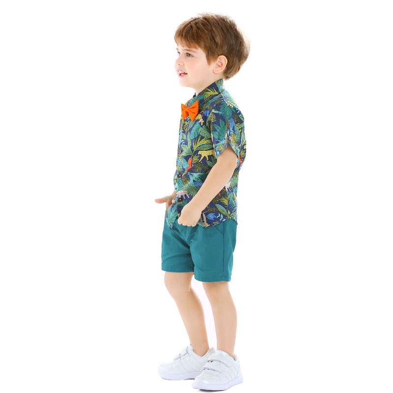 Hawaiian style Leaves pattern Baby Boy 2 Piecess Shirt Pants and Bow Tie Set (dark green)