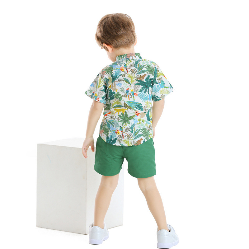 Hawaiian style Leaves pattern Baby Boy 2 Piecess Shirt Pants and Bow Tie Set (green)