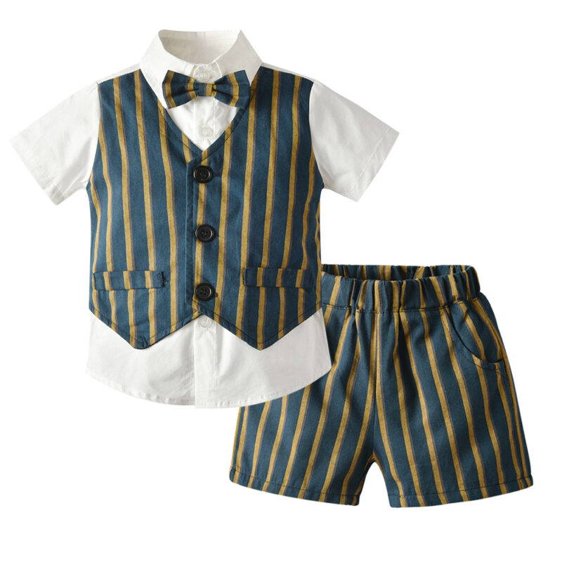 Boy 4-Pieces Vest Set with Dress Shirt, Bow Tie, Vest, and Pants (stripe)