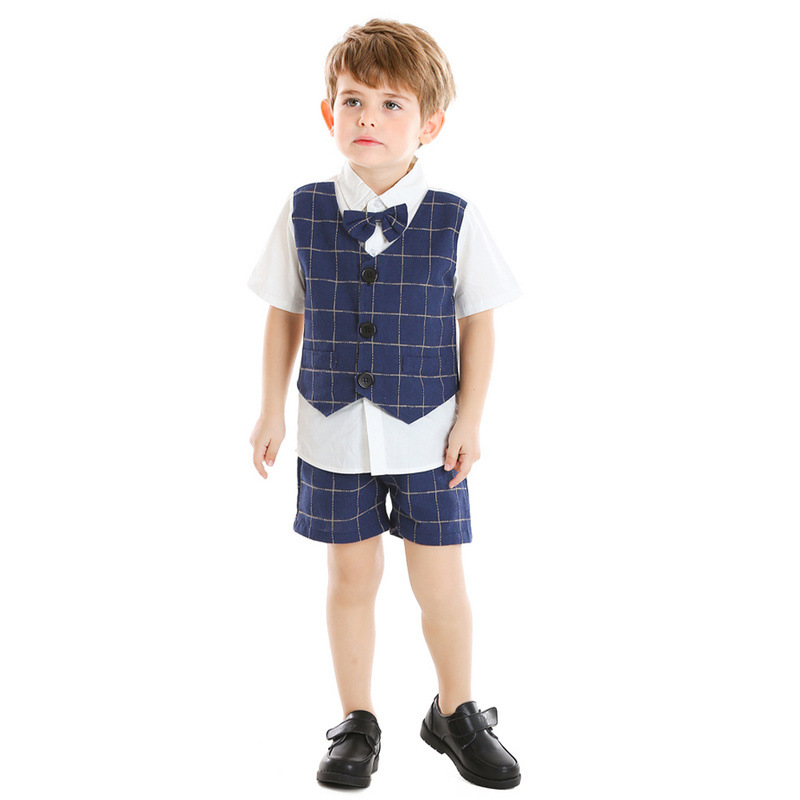 Boy 4-Pieces Vest Set with Dress Shirt, Bow Tie, Vest, and Pants (lattice)