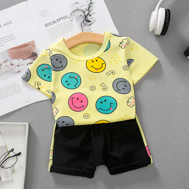 Summer Children round neck Cotton short-sleeved T-shirt + shorts set cartoon smiley pattern (yellow)