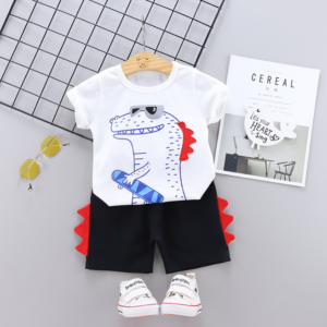 Summer Children round neck Cotton short-sleeved T-shirt shorts set Cartoon crocodile pattern (white)