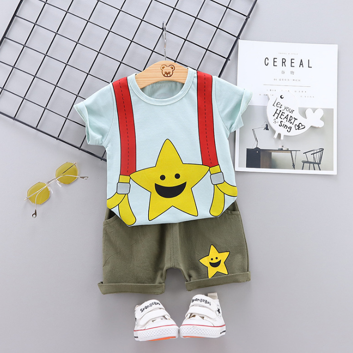 Summer new baby cartoon stars smiling face printed casual two Pieces set (blue)