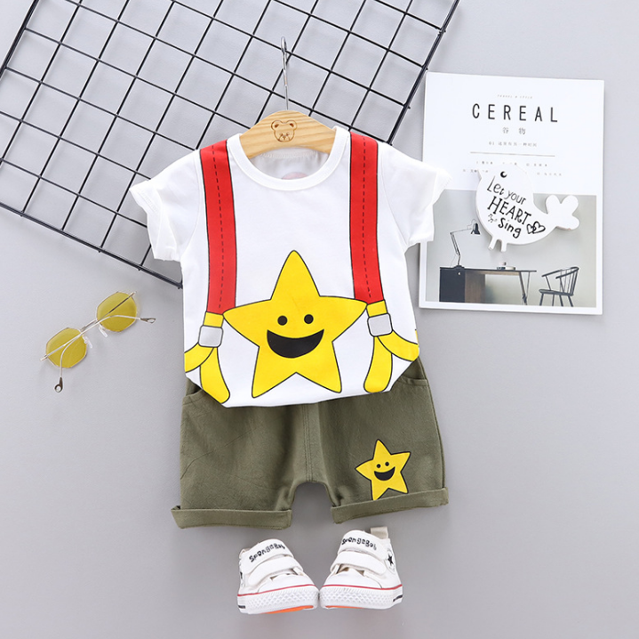 Summer new baby cartoon stars smiling face printed casual two Pieces set (white)