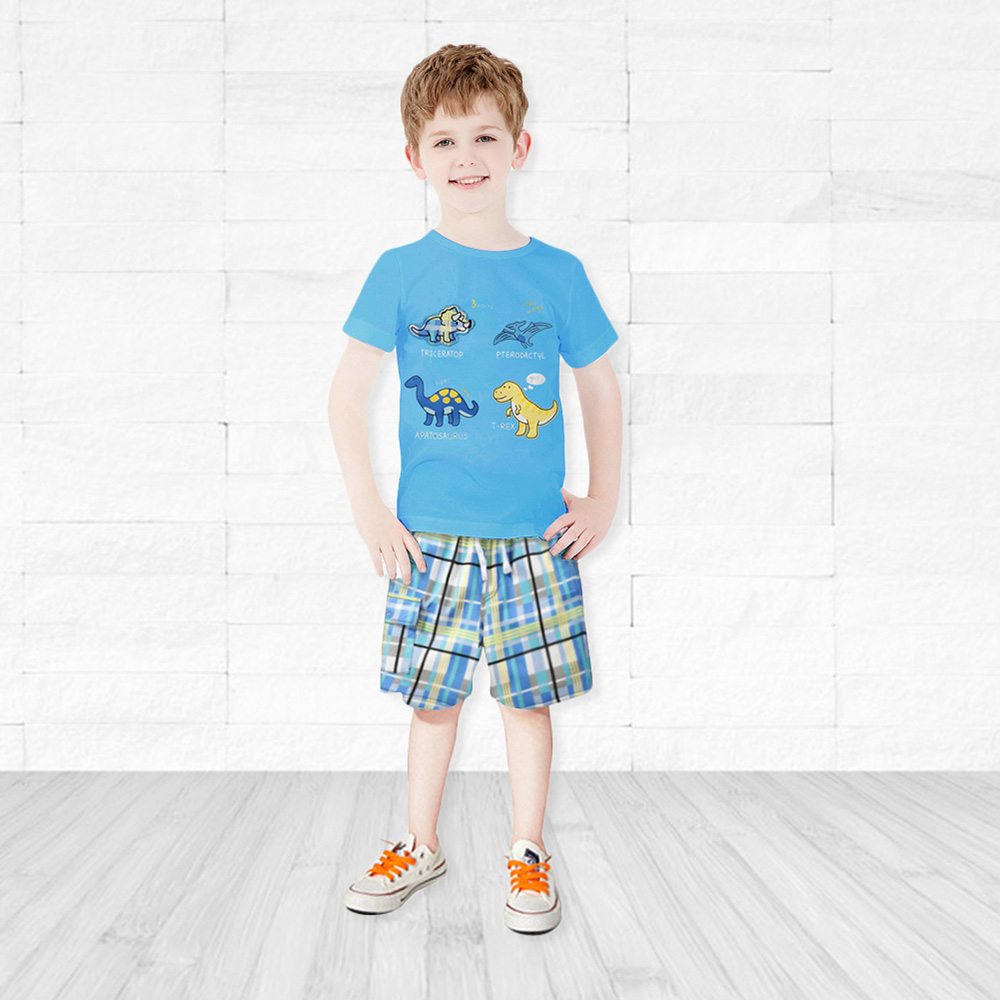2Pcs Toddler Boys Summer Dinosaur Print T-Shirt Tops+Plaid Shorts Outfits 
