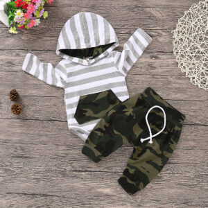 Baby Boy's Striped Camouflage Hooded Bodysuit and Drawstring Pants