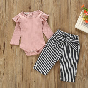 Baby Girl Pink Ruffled Shoulder Bodysuit and Striped Belted Pants