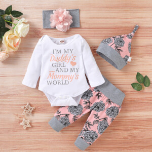 4-piece Baby Girl Floral Print Long-sleeve Bodysuit and Pants with Hat and Headband Set