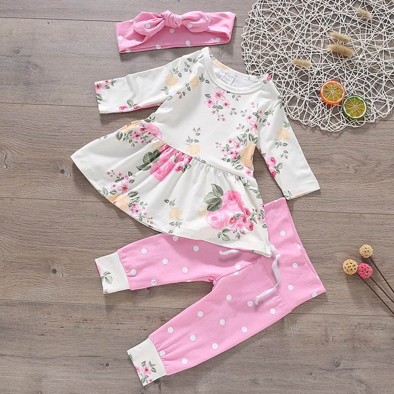 3-piece Baby Girl Lovely Floral Longsleeves Top and Polka Dots Pants with Headband Set