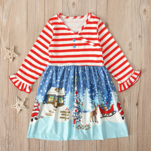 Baby / Toddler Christmas Print Splice Striped Dress